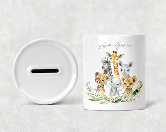 Children's Kid's Personalised Ceramic Money Box, Custom Jungle Safari Animal, New Baby Present, Christening Birthday Christmas Gift