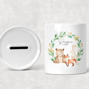 Children&#39;s Kid&#39;s Personalised Ceramic Money Box, Custom Woodland Animal Money Box, New Baby Present, Christening Birthday Christmas Gift