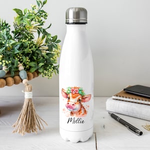 Personalised Cow Water Bottle, Cow Gift, Personalised Name, Drinks Flask Bottle, Bowling Pin, Flask, Christmas
