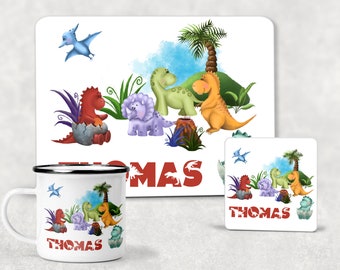 Personalised Dinosaur Placemat and Enamel Mug and Coaster Set, Boys Girls Birthday, Safari Animals Mug Coaster Set, Breakfast Set