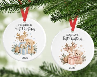 Personalised Baby's First Christmas 2026 Ceramic Decoration, Baby First Christmas Bauble, New Baby Keepsake Gift