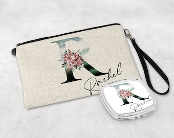 Personalised Make Up Cosmetic Bag Pouch, Compact Mirror, Handbag Mirror, Gift for Her, Birthday, Mother&#39;s Day, Bridesmaid, Christmas,