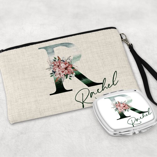 Personalised Make Up Cosmetic Bag Pouch, Compact Mirror, Handbag Mirror, Gift for Her, Birthday, Mother's Day, Bridesmaid, Christmas,