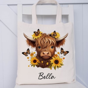 Personalised Highland Cow Tote Bag, Cow Shopping Bag, Gift for Her, Gift for Mum Nanny Sister Friend, Highland Cow Lover Gift