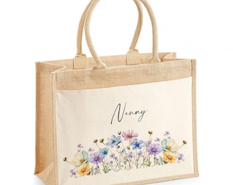 Personalised Jute Tote Bag, Nan Nanny Grandma, Shopping Bag, Burlap Bag, Tote Bag, Gift for Her Mum Sister Friend Floral Gift