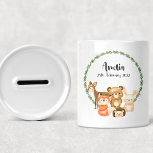 Children&#39;s Kid&#39;s Personalised Ceramic Money Box, Custom Woodland Animal Money Box, New Baby Present, Christening Birthday Christmas Gift