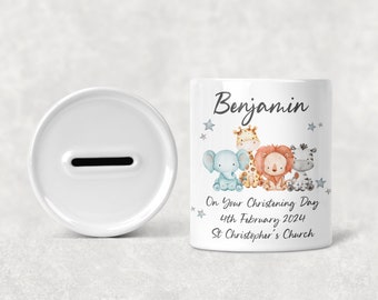 Personalised Christening Baptism Ceramic Money Box, New Baby Present, Christening Birthday Christmas Gift, Safari Jungle Animals Gift