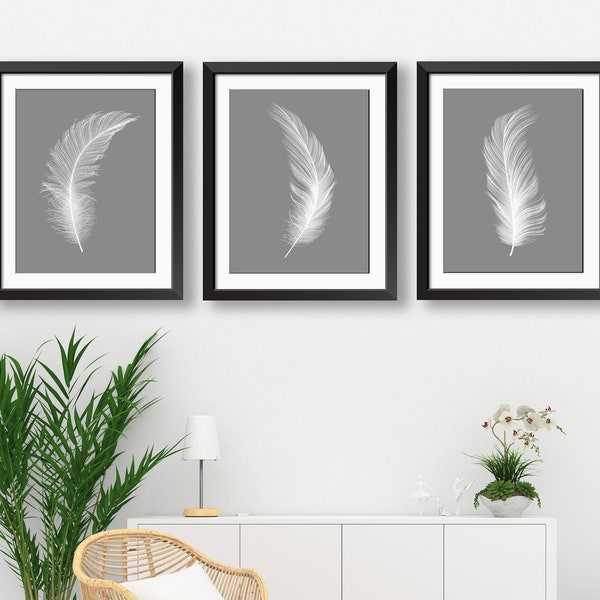 White Feathers Wall Art , Feather Prints , Feather Wall Art , Kitchen , Living Room , Bedroom - Room Decor - Home Office - Home Decor