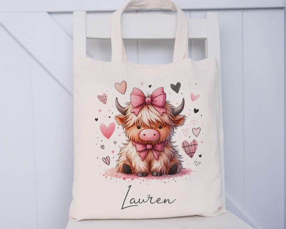 Personalised Highland Cow Tote Bag, Cow Shopping Bag, Gift for Her, Gift for Mum Nanny Sister Friend, Highland Cow Lover Gift