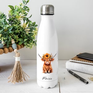 Personalised Highland Cow Water Bottle, Highland Cow Gift, Personalised Name, Drinks Flask Bottle, Bowling Pin, Flask, Christmas