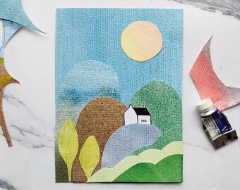 Handmade Collage | Original Art | Louise Abel | Abstract Landscape | Tiny House | Cottage | New Home | Housewarming