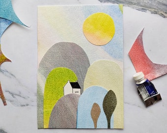 Handmade Collage | Original Art | Louise Abel | Abstract Landscape | Tiny House | Cottage | New Home | Housewarming