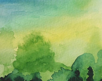 Original Art Mounted Watercolour Painting Green Trees Landscape Hills Unframed