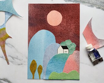 Handmade Collage | Original Art | Louise Abel | Abstract Landscape | Tiny House | Cottage | New Home | Housewarming