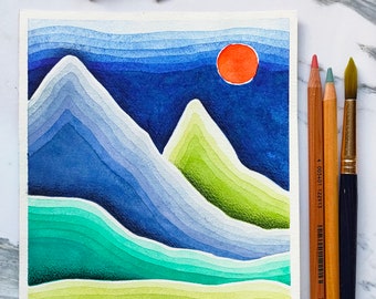 Original Art Watercolour Painting | Mountains with Red Sun | Louise Abel