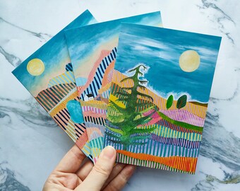 Set of 3 x A6 Greetings Cards | Art Cards by Louise Abel | Lake District | Stinchcombe | Christmas Tree | Printed in Gloucestershire, UK |