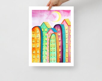 Fine Art Print | From Original Painting by Louise Abel | 12 x 16 | Watercolour Townscape Cityscape Colourful Vivid