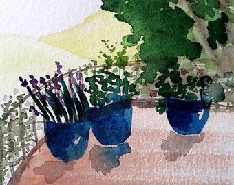 Original Mounted Art Watercolour Painting Plant Pots on the Balcony Flowers Unframed