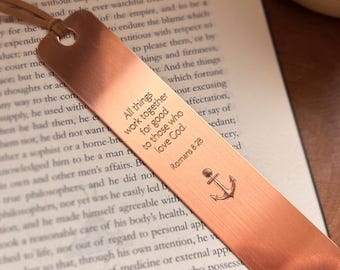 Romans 8:28 Engraved Copper Bookmark – Scripture Bookmark – Christian Faith Gift