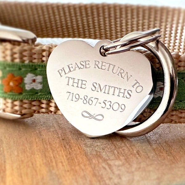 Luxury Engraved Dog Tag, Heart Shaped Stainless Steel Pet ID in Silver, Gold and Rose Gold Finishes