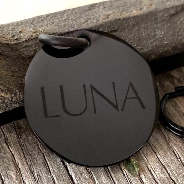 Placa de identificación para mascotas de acero inoxidable negra: placa redonda grabada personalizada