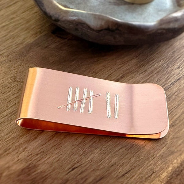 Copper Anniversary Money Clip - 7 Year Tally Marks - Monogram Back - Handcrafted Rustic Gift for Him - Memorable Keepsake