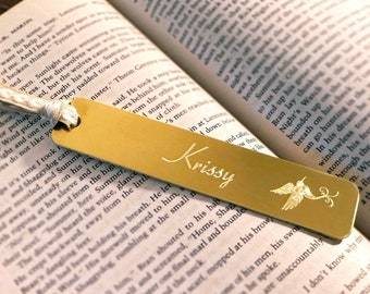 Gold Personalized BOOKMARK, Book Lover Gift, 21 year Anniversary, Custom Quote Book Mark with hummingbird