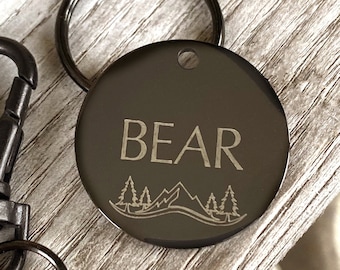 Personalized Black Stainless Steel Pet ID - Round Dog Tag with Mountain Scene