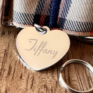Médaille pour chien gravée personnalisée en acier inoxydable avec identification pour animal de compagnie et coeur argenté
