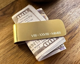 Brass Money Clip with Roman Numerals - Elegant Anniversary Gift