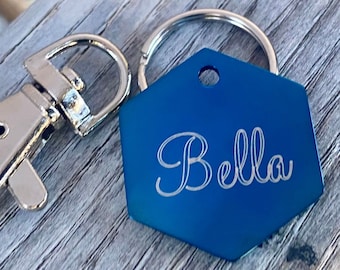 Blue Hexagon Pet ID Tag: Custom Engraved Stainless Steel Dog Tag