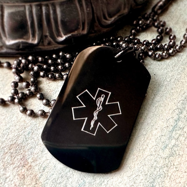 Custom Engraved Medical Alert Dog Tag Necklace – Personalized Allergy/Medication Information Black Stainless Steel