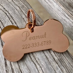 Rose Gold Bone Pet ID - Stainless Steel - Personalized Engraved Dog Tag - Size 28x50mm