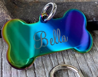 Small Dog Tag Custom Engraved Stainless Steel Microchip Pet Id Rainbow Bone