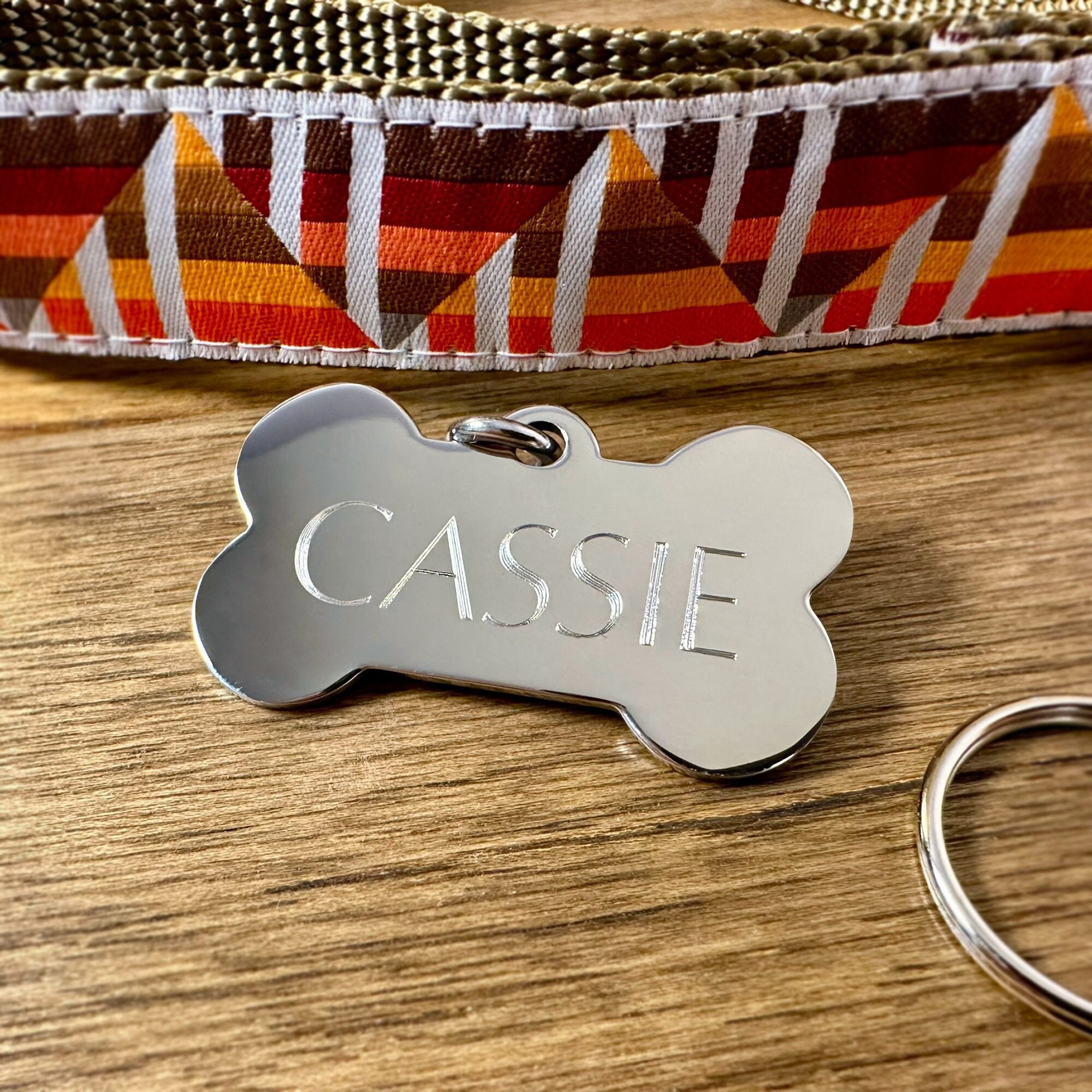 Besufy Pet Dog Tag Bone Shape Dog Tag Metal Ring Engraved ID Name
