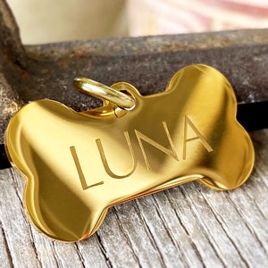 Gold Bone Pet ID Small Stainless Steel Pet tag Custom Engraved Dog Tag Minimalist pet id