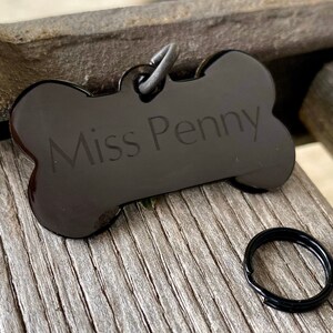 Black Pet ID - Bone Shape - Stainless Steel - Custom Engraved Dog Tag - Size 28x50mm