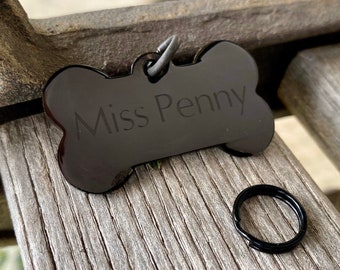 Black Pet ID - Bone Shape - Stainless Steel - Custom Engraved Dog Tag - Size 28x50mm