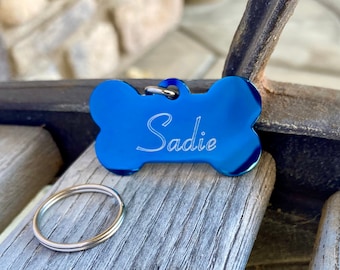 Small Dog Tag Custom Engraved Stainless Steel Microchip Pet Id Blue Bone