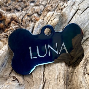 Burnished - Black Bone Pet ID - Stainless Steel - Custom Engraved Dog Tag - Size small 40x24mm