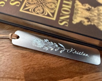 Personalized Aster Flower Bookmark: Engraved Aluminum September Birth Month Gift