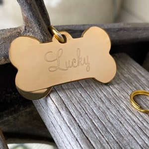 Gold Bone Pet ID - Stainless Steel - Personalized Engraved Dog Tag - Size 28x50mm