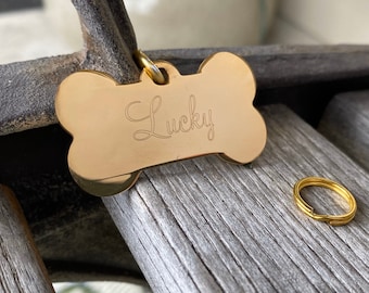 Gold Bone Pet ID - Stainless Steel - Personalized Engraved Dog Tag - Size 28x50mm