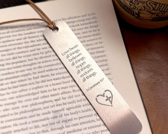 Engraved Aluminum 1 Corinthians 13:7 Bookmark – Faith Gift