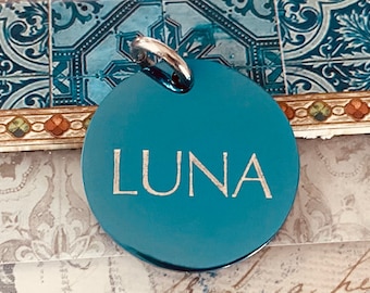 Burnished - Blue Stainless Steel Round Pet ID - Custom Engraved Dog Tag - 30mm