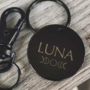 Moon Phases - Black Stainless Steel Round Pet ID - Custom Engraved Dog Tag