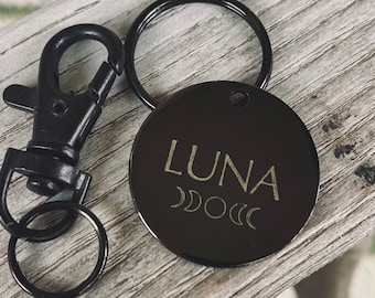 Moon Phases - Black Stainless Steel Round Pet ID - Custom Engraved Dog Tag