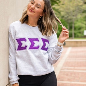 Purple Glitter Sorority Chapter Greek Letter Stitched Sweatshirt / Gildan Crew Neck Sweatshirt / Big Little Family Letter Sweatshirts