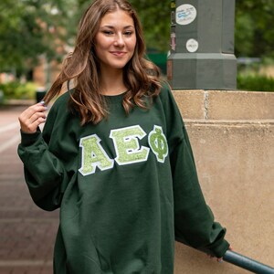 Light Green Glitter Sorority Chapter Greek Letter Stitched Sweatshirt / Gildan Crew Neck Sweatshirt / Big Little Family Letter Sweatshirts