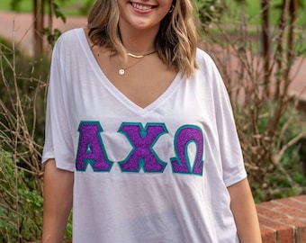 Camiseta con cuello en V y letras griegas de doble costura con purpurina morada de la hermandad / Camiseta con cuello en V holgado de Bella Canvas / Camisetas con letras de Big Little Family